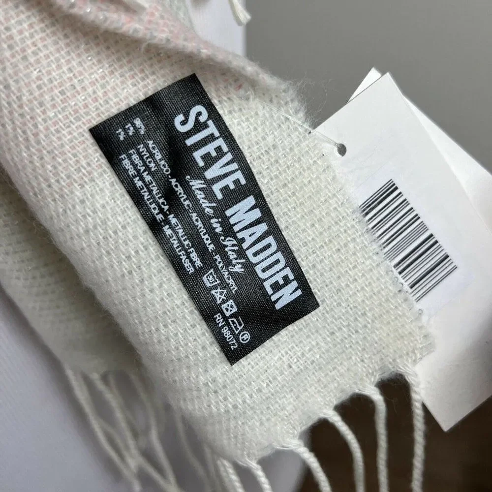 NWT Steve Madden Mid Weight Cozy Muffler Scarf with Fringe Lurex Pink Gray White